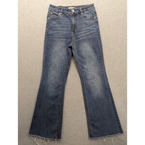 OAT New York Jeans Womens 8 Blue Medium Wash High Rise Flare Raw Hem Stretch